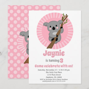 Invitation Koala Bear fête d'anniversaire rose