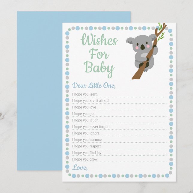 Invitation Koala Bear souhaite pour Baby shower Game Blue Boy (Devant / Derrière)