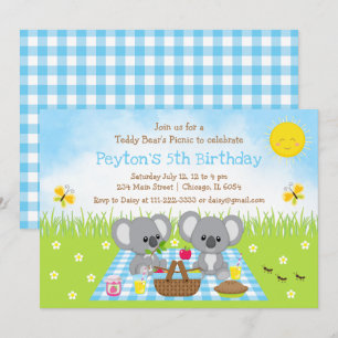 Invitation Koala Bear's Picnic Blue En vichy Anniversaire
