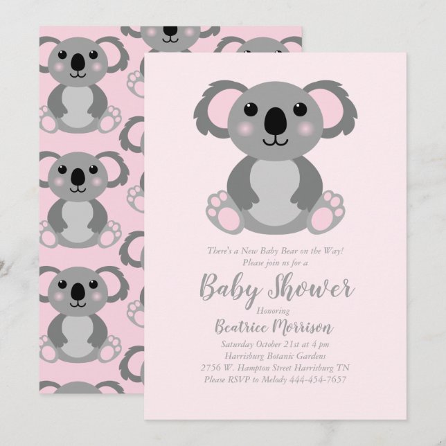 Invitation Koala ours Baby shower fille rose (Devant / Derrière)