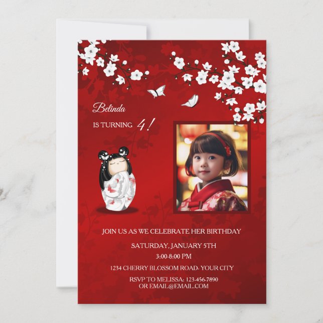 Invitation Kokeshi Doll Rouge Blanc | `Photo Fille's Birthday (Devant)