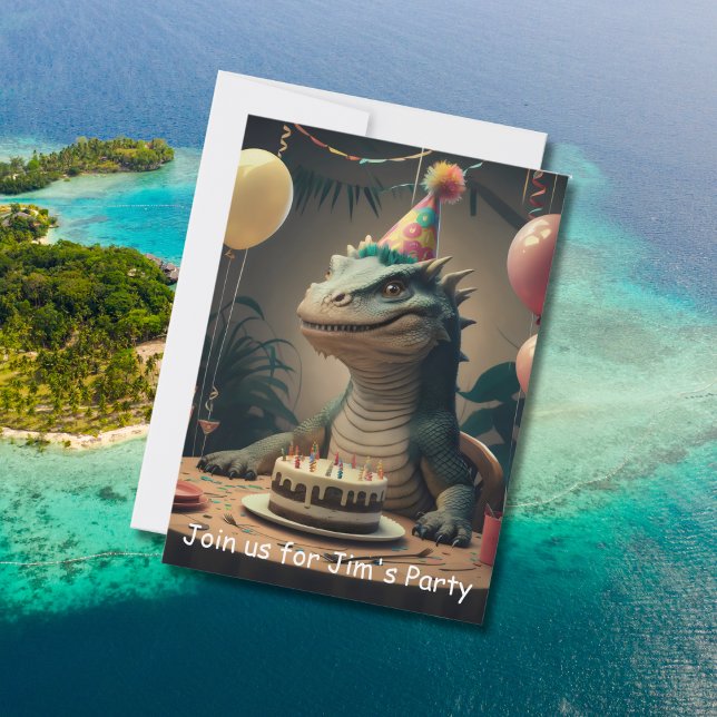 Invitation Komodo Dragon assis à table avec un gâteau d'anniv (Créateur téléchargé)