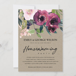 INVITATION KRAFT BLUSH BURGUNDY FLORAL HOUSEWARMINY PARTY