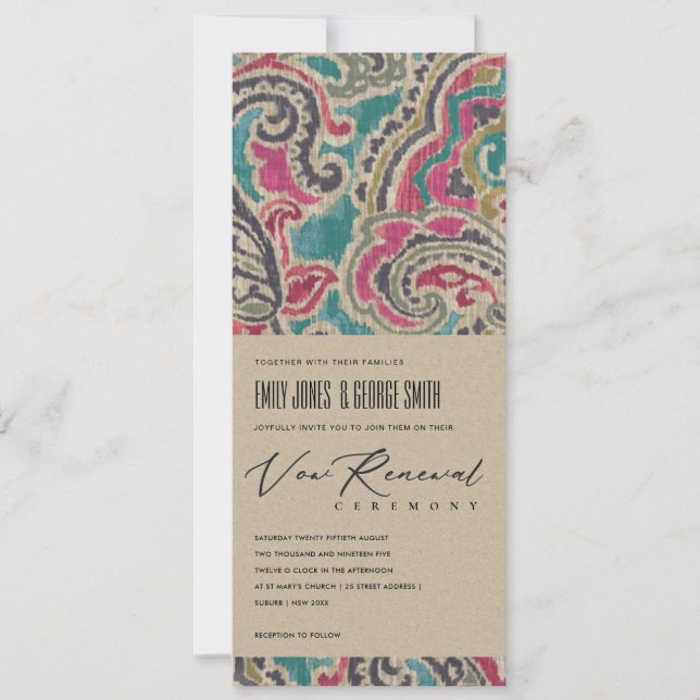 INVITATION KRAFT BOHO IKAT TRIBAL MOTIF PINK VOW RENOUVELLE (Devant)