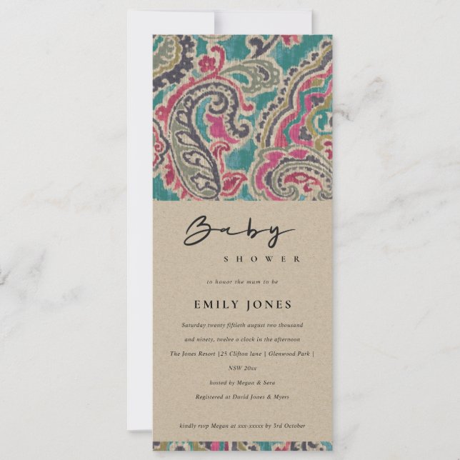 INVITATION KRAFT BOHO TRIBAL IKAT MOTIF BABY SHOWER PINK (Devant)
