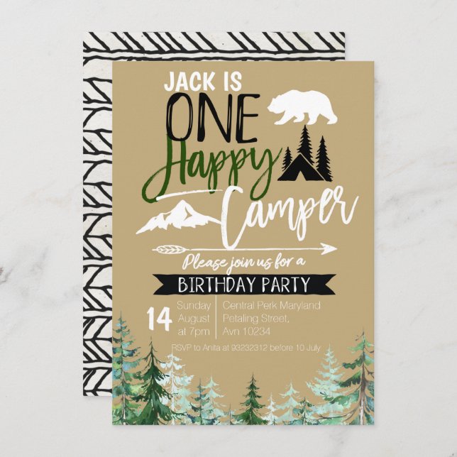 Invitation Kraft Camper 1er Anniversaire Camping Party (Devant / Derrière)