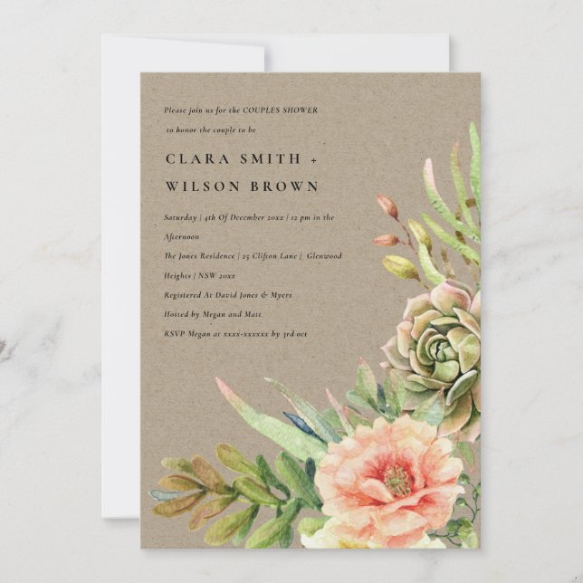 INVITATION KRAFT DESERT SUCCULENT CACTI FOLIAGE COUPLE DOUCHE (Devant)