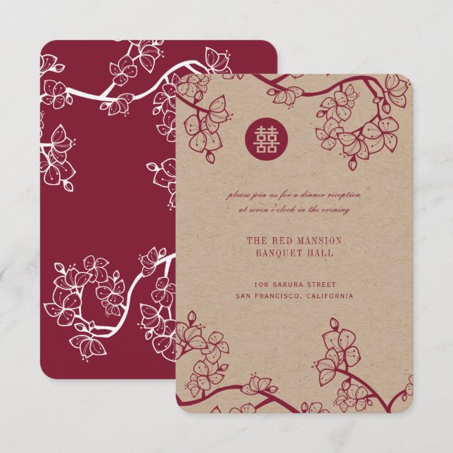 Invitation Kraft Et Plum Rouge Fleurissent Mariage Asiatique  (Devant / Derrière)