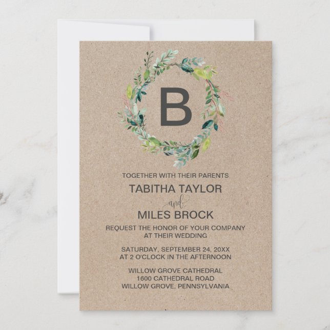 Invitation Kraft Foliage Monogramme Mariage de couronne (Devant)