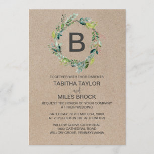 Invitation Kraft Foliage Monogramme Mariage de couronne