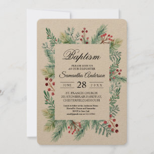 Invitation Kraft Hiver Feuilles Cadre vert