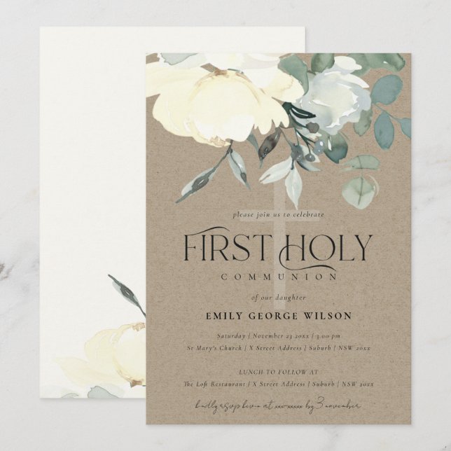 INVITATION KRAFT IVORY AQUA BLANC PREMIÈRE COMMUNION FLORALE  (Devant / Derrière)