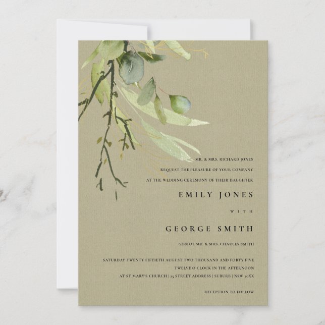 INVITATION KRAFT LEAFEN GREEN FOLIAGE BUNCH MARIAGE DE COULEU (Devant)