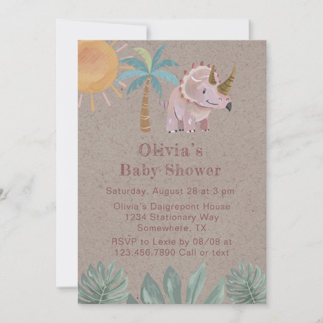 Invitation Kraft Pink Triceratops Baby shower fille (Devant)