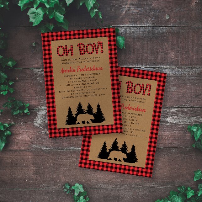 Invitation Kraft Plaid Oh Boy Baby shower rustique (Créateur téléchargé)
