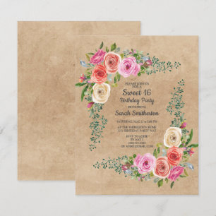 Invitation Kraft Rose Ivoire Aquarelle Floral Sweet 16