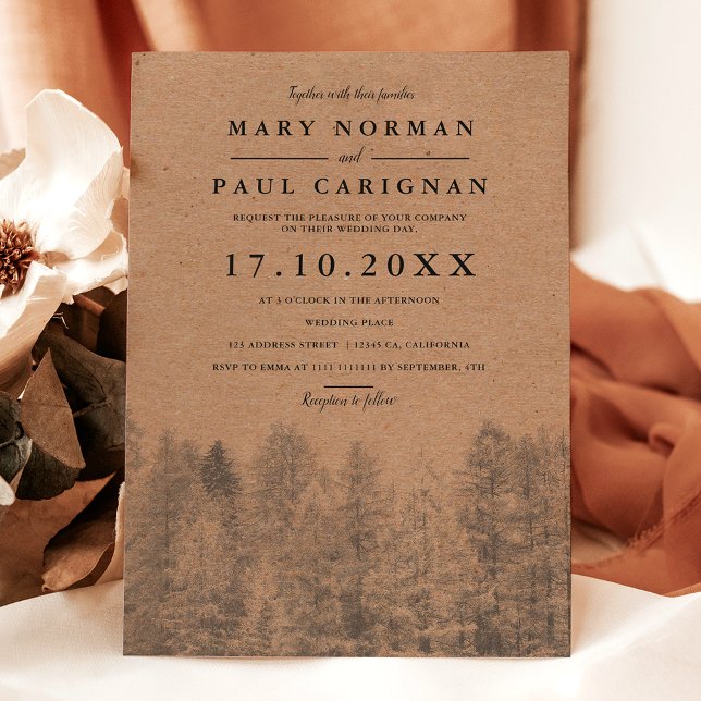 Invitation Kraft rustique Automne pins d'hiver mariage de for (Rustic kraft Fall winter pine trees forest wedding Invitation)