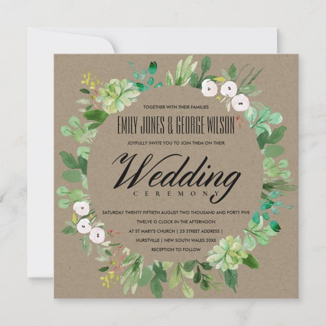 INVITATION KRAFT SUCCULENT WREATT FOLIAGE MARIAGE DE COULEUR  (Devant)
