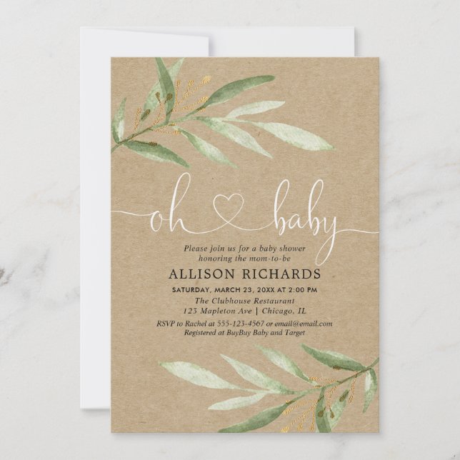 Invitation Kraft vert, baby shower rustique neutre pour les f (Devant)