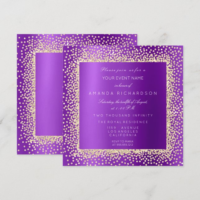 Invitation Krystal Champaigne Violet A Pailleté Confetti Doré (Devant / Derrière)