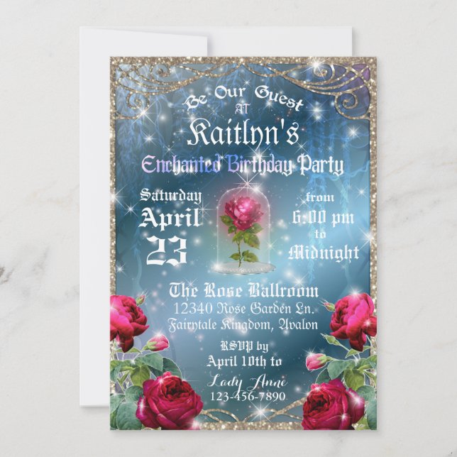 Invitation La beauté et la bête Rose rouge fête d'anniversair (Devant)