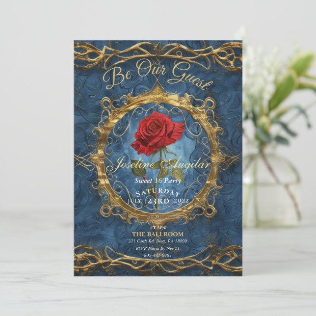 Invitation La Belle et la Bête Rose Photo personnalisable dou (Debout devant)