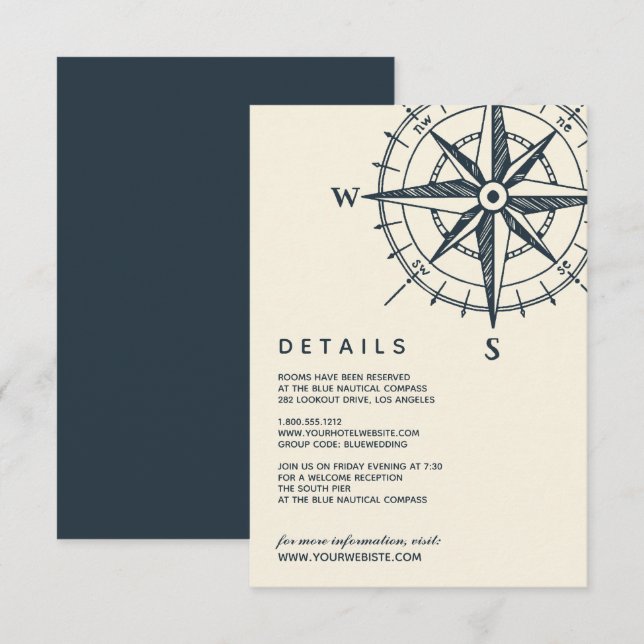 Invitation La boussole bleue | Détails de l'invité Mariage (Devant / Derrière)