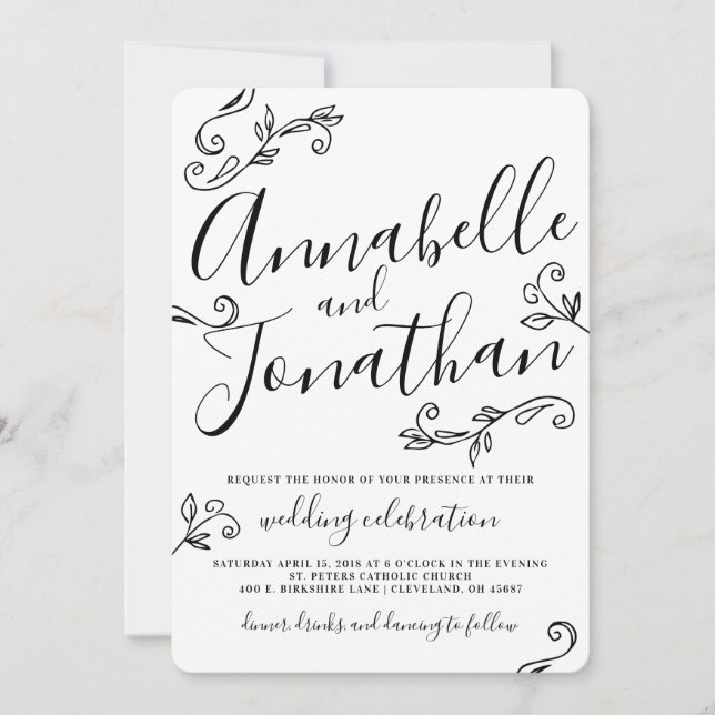 Invitation La calligraphie écrite par main laisse le mariage (Devant)