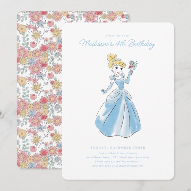 Invitation La Cendrillon de Disney | Floral Aquarelle Anniver (Devant / Derrière)