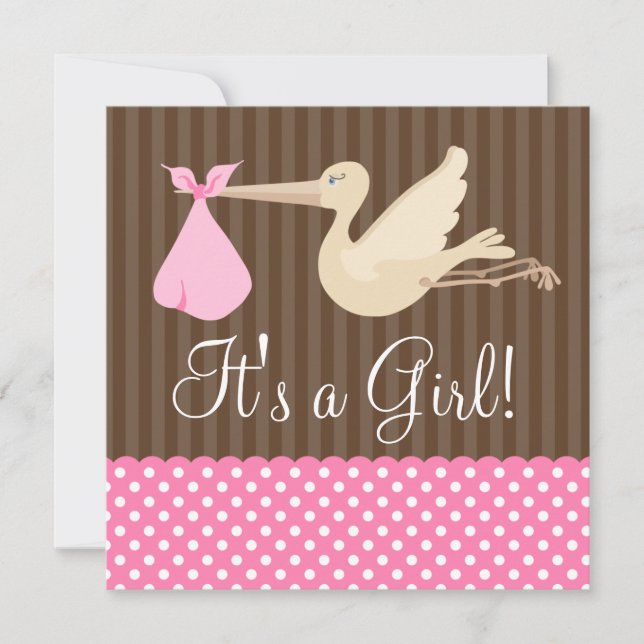 Invitation La cigogne Brown rose pointille le baby shower de (Devant)