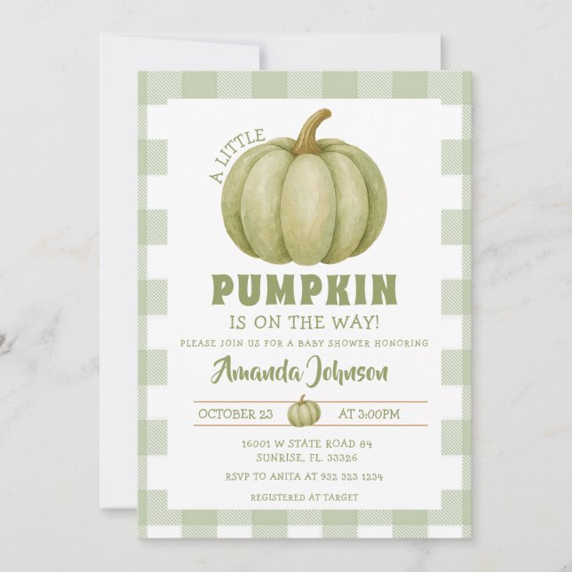 Invitation La citrouille vert sauge est en route Baby Shower (Devant)