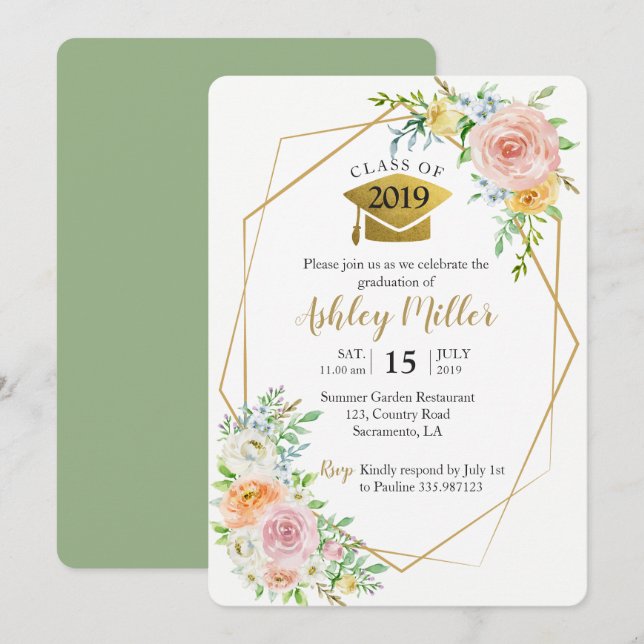 Invitation La classe de 2018 floraux rougissent fête de (Devant / Derrière)
