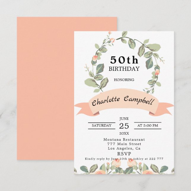 Invitation La couronne des Roses de Blush Anniversaire (Devant / Derrière)