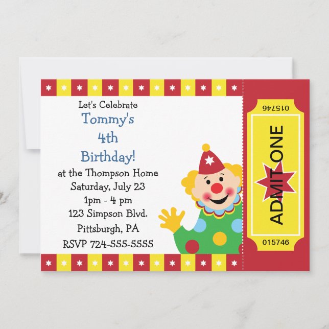 Invitation La coutume badine la fête d'anniversaire de clown (Devant)