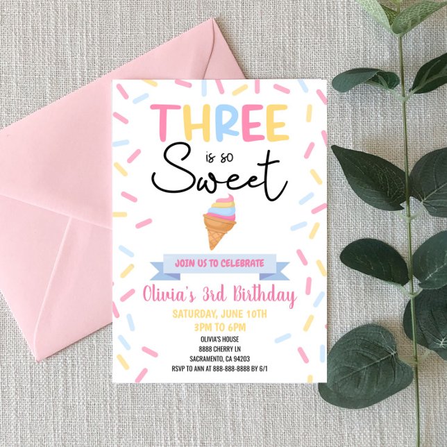 Invitation La crème glacée Trois est sucrée 3ème fête d'anniv (Créateur téléchargé)