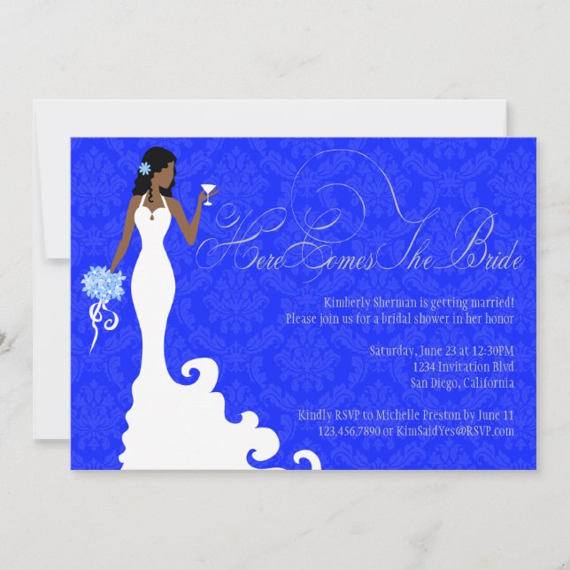 Invitation La damassé chic d'argent de bleu royal ici vient (Devant)