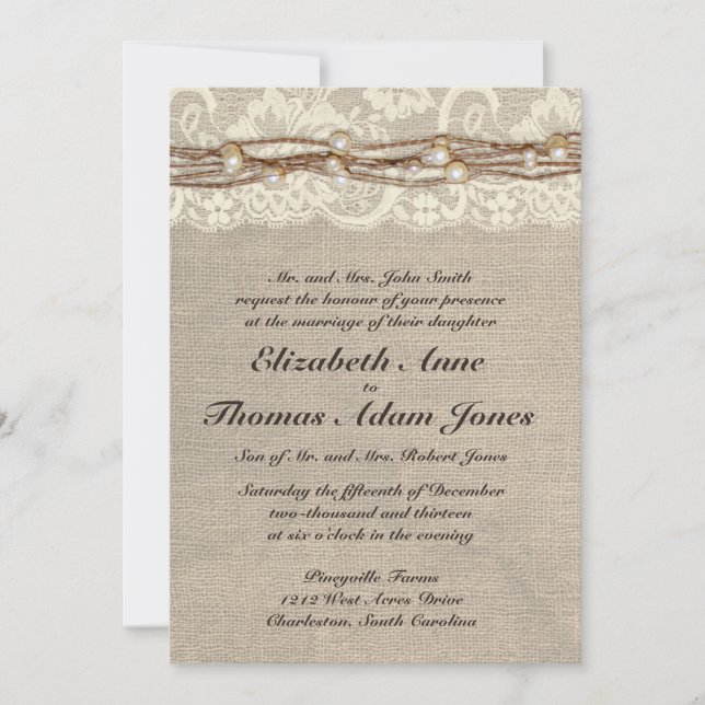 Invitation La dentelle rustique de toile de jute perle le (Devant)