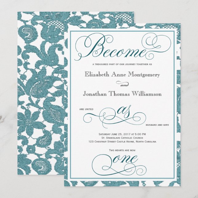Invitation La dentelle turquoise devient un Mariage chrétien (Devant / Derrière)