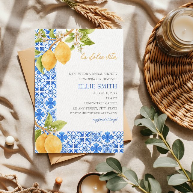 Invitation La Dolce Vita | Fête des mariées de citron méditer (La dolce Vita Bridal Shower Mediterranean Tiles Lemons Blue White and Yellow)
