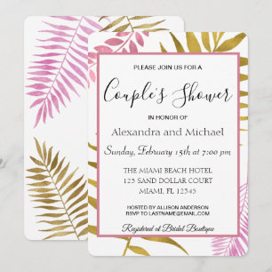 Invitation La douche du couple floral tropical d'or rose