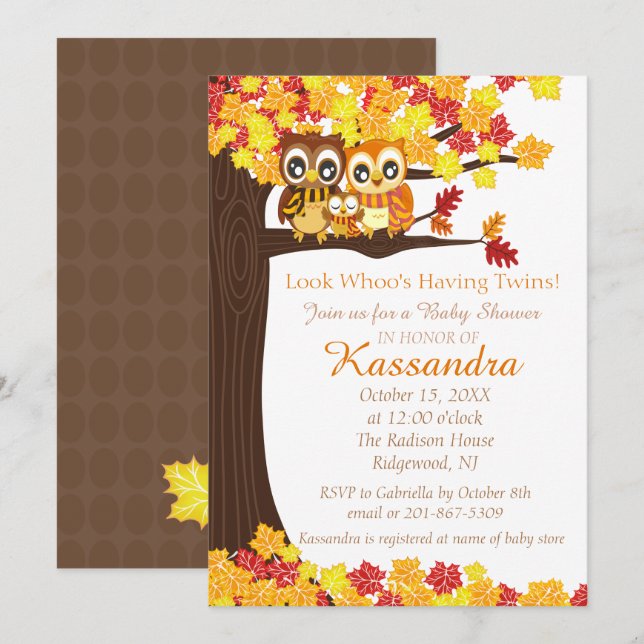 Invitation La famille de hibou dans l'arbre jumelle (Devant / Derrière)