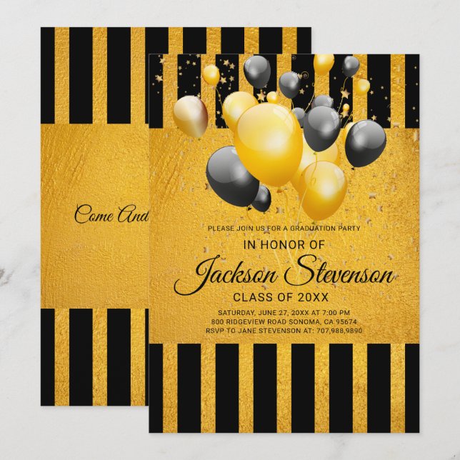 Invitation La fête de graduation Gold sur le noir (Devant / Derrière)