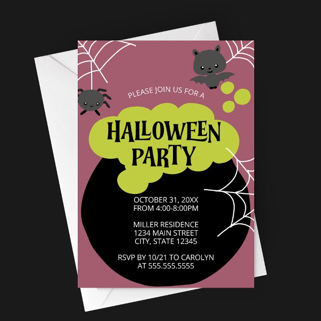 Invitation La fête d'Halloween de Cauldron Witch (Retro Witch's Cauldron Halloween Party Invitation with Cartoon Characters on Purple Background)