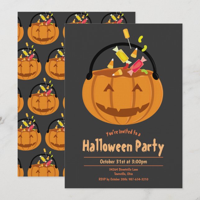 Invitation La fête d'Halloween du citrouille Pail Candy Kid (Devant / Derrière)