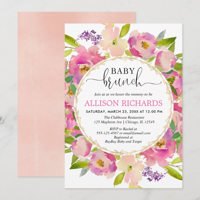 Invitation La fille de baby shower de brunch, rougissent (Devant / Derrière)