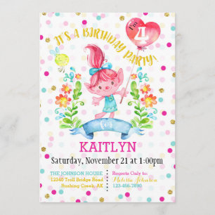 Invitation La fille de Troll fleurit anniversaire de ballon