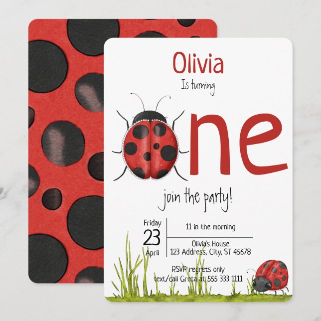 Invitation La Fille Ladybug qui tourne une fête d'anniversair (Devant / Derrière)