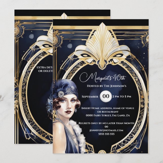 Invitation La grande fille Gatsby bleu or flapper années 1920 (Devant / Derrière)