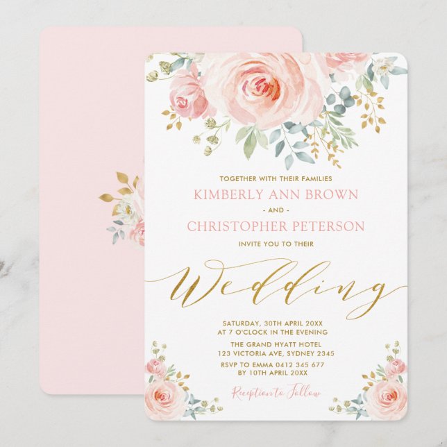 Invitation La jolie aquarelle rougissent mariage rose floral (Devant / Derrière)