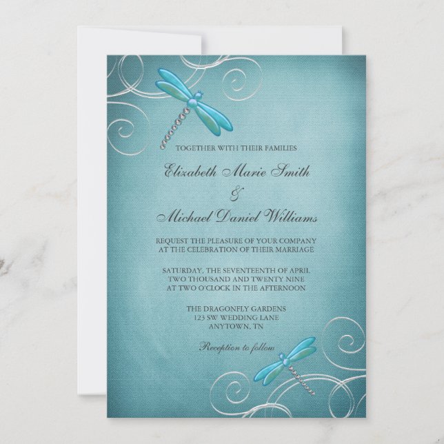 Invitation La libellule bleue turquoise tourbillonne mariage (Devant)